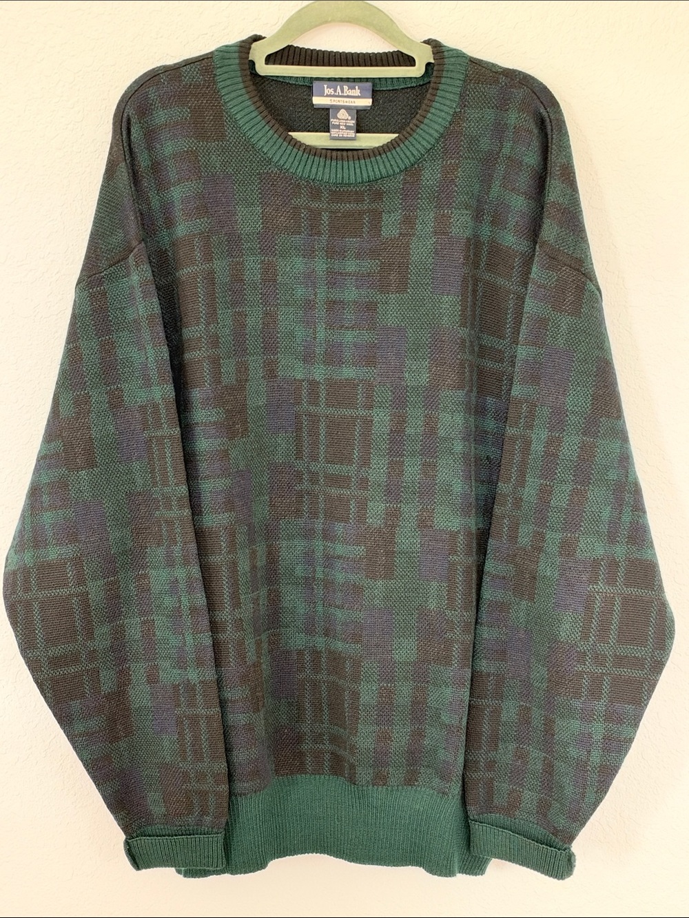 Jos. A. Bank Men’s XL 100% Merino Wool Geometric Crewneck Sweater Green Blue Blk